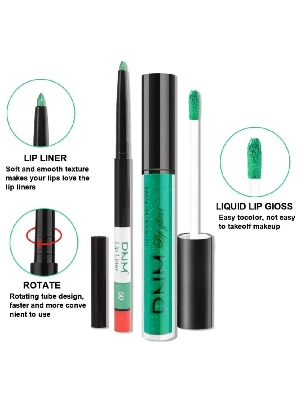 DNM 50# Green Glitter 2Pcs 24H Long-Lasting Matte Liquid Lipstick and Lip Liner